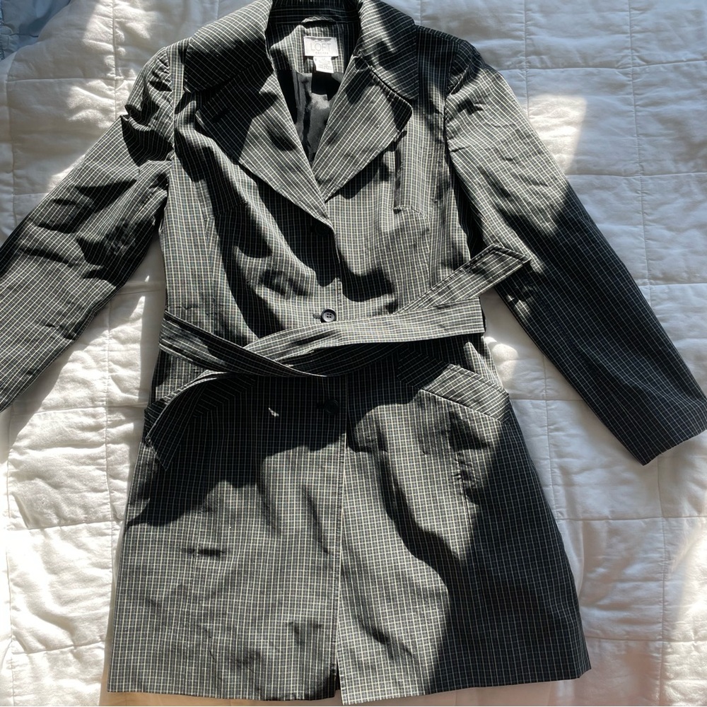 Ann Taylor LOFT Petites Checkered Black Trench Coat - S